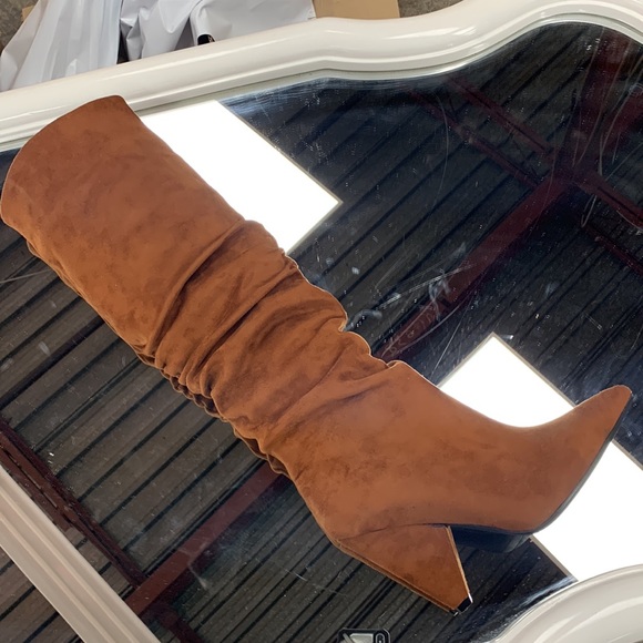 Women’s Cone Heel Knee High Slouchy Boot with Pointed Toe in Camel Faux Suede - Picture 5 of 14